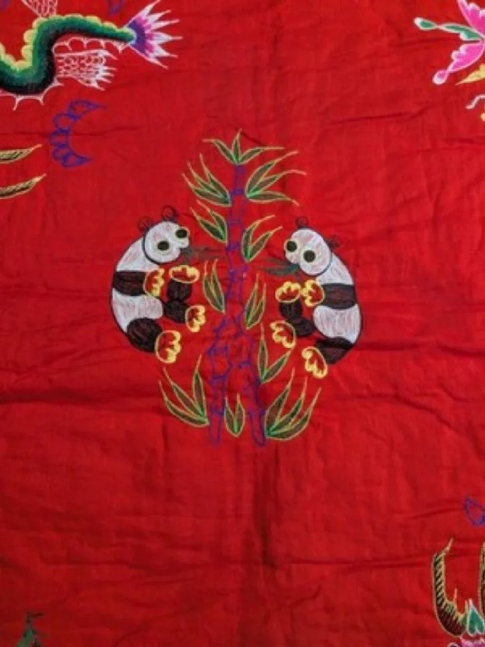 Vintage Chinese Embroidered Patchwork Quilt Blanket Dragon Panda Silk Throw